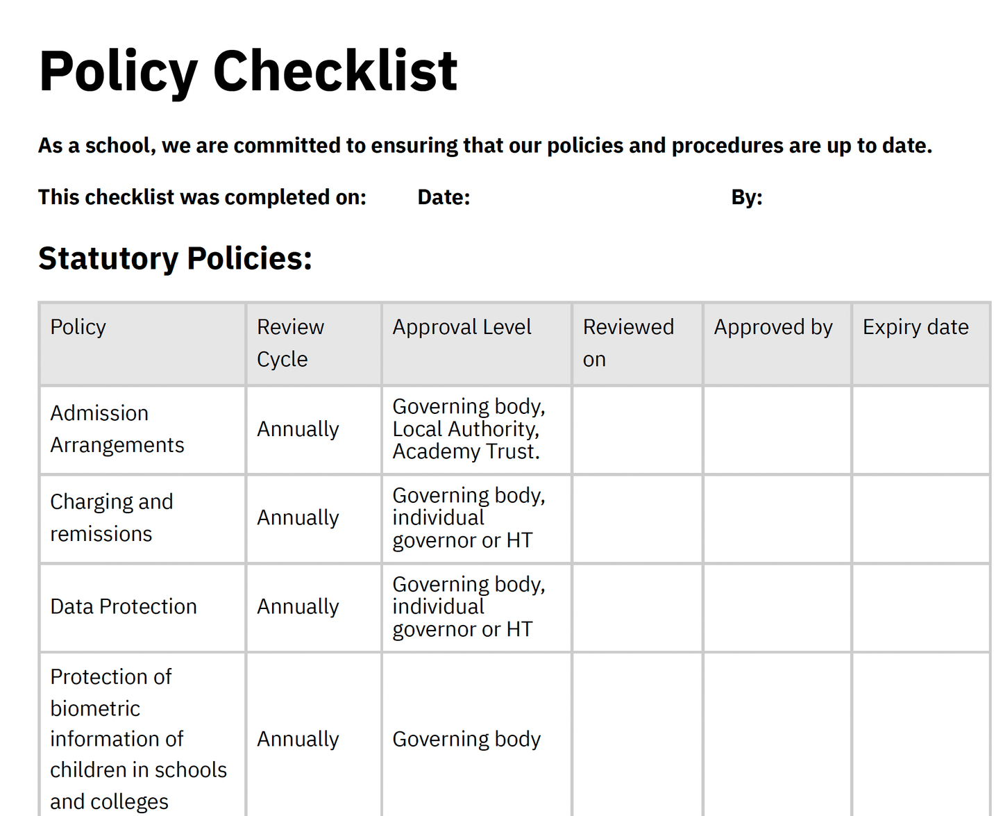 Statutory Policy Checklist - School Leaders Shop